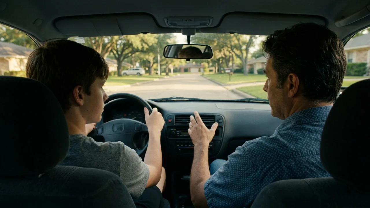 A student driver and an instructor on a lesson in a quiet Texas neighborhood, seen from the back seat